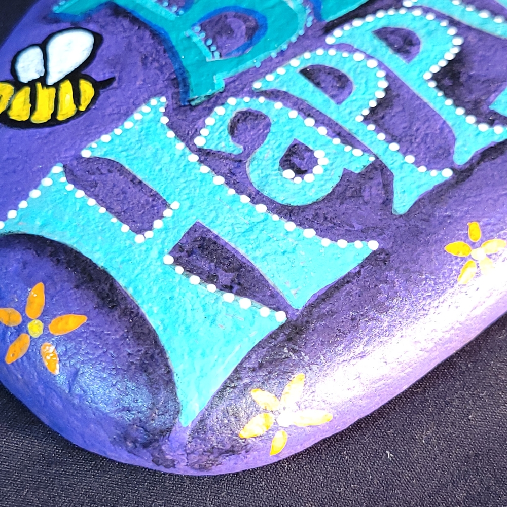 Bee Happy Purple & Teal Painted Rock - Picture 4 of 7